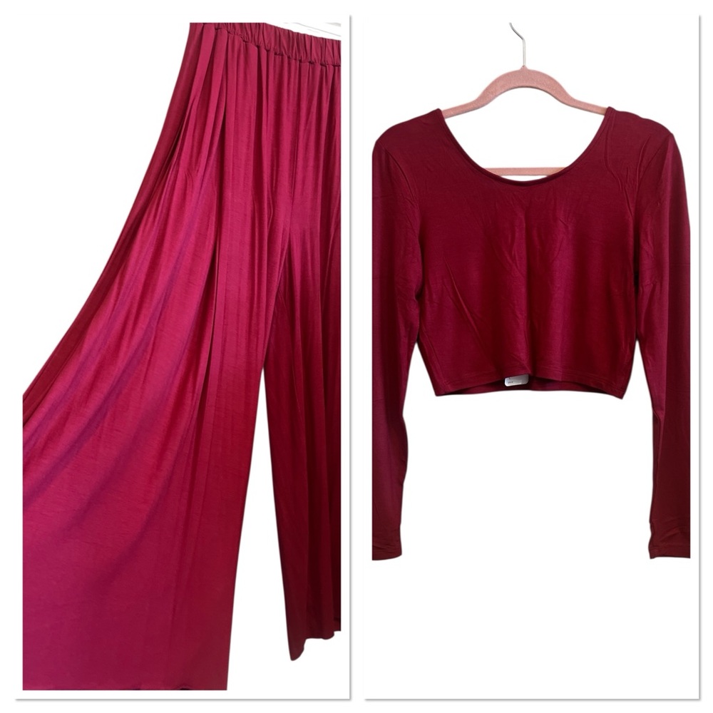 Free People Resort Wear/Beach Burgundy Wide Leg Pants And Cropped Top Set Large